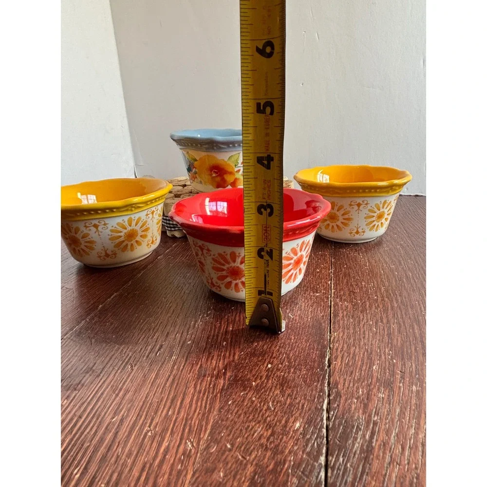 The Pioneer Woman Stoneware Ramekin Set of 4 Floral Scalloped Prep Bowls Multi